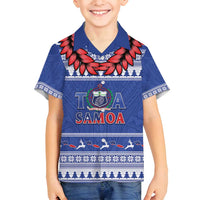Personalised Toa Samoa Rugby Christmas Family Matching Puletasi and Hawaiian Shirt Ula Fala Samoan Pattern Blue LT14 Son's Shirt Blue - Polynesian Pride