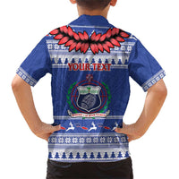 Personalised Toa Samoa Rugby Christmas Family Matching Short Sleeve Bodycon Dress and Hawaiian Shirt Ula Fala Samoan Pattern Blue - Polynesian Pride