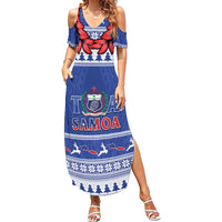 Personalised Toa Samoa Rugby Christmas Family Matching Summer Maxi Dress and Hawaiian Shirt Ula Fala Samoan Pattern Blue - Polynesian Pride
