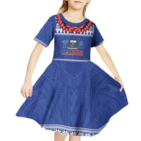 Personalised Toa Samoa Rugby Christmas Kid Short Sleeve Dress Ula Fala Samoan Pattern Blue - Polynesian Pride