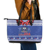 Toa Samoa Rugby Christmas Leather Tote Bag Ula Fala Samoan Pattern Blue - Polynesian Pride