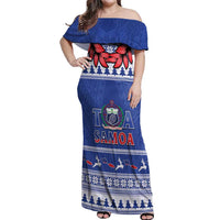 Personalised Toa Samoa Rugby Christmas Off Shoulder Maxi Dress Ula Fala Samoan Pattern Blue - Polynesian Pride