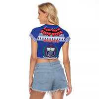 Personalised Toa Samoa Rugby Christmas Raglan Cropped T Shirt Ula Fala Samoan Pattern Blue LT14 - Polynesian Pride