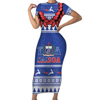 Personalised Toa Samoa Rugby Christmas Short Sleeve Bodycon Dress Ula Fala Samoan Pattern Blue LT14 Long Dress Blue - Polynesian Pride