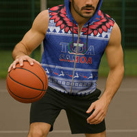 Personalised Toa Samoa Rugby Christmas Sleeveless Zip Hoodie Ula Fala Samoan Pattern Blue LT14 - Polynesian Pride