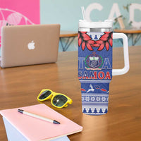 Toa Samoa Rugby Christmas Tumbler With Handle Ula Fala Samoan Pattern Blue - Polynesian Pride