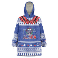 Personalised Toa Samoa Rugby Christmas Wearable Blanket Hoodie Ula Fala Samoan Pattern Blue - Polynesian Pride