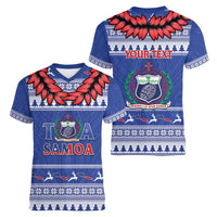 Personalised Toa Samoa Rugby Christmas Women V-Neck T-Shirt Ula Fala Samoan Pattern Blue LT14 - Polynesian Pride