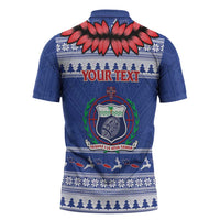 Personalised Toa Samoa Rugby Christmas Zipper Polo Shirt Ula Fala Samoan Pattern Blue LT14 - Polynesian Pride