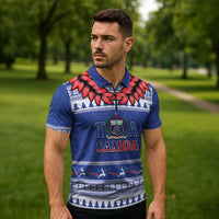 Personalised Toa Samoa Rugby Christmas Zipper Polo Shirt Ula Fala Samoan Pattern Blue LT14 - Polynesian Pride