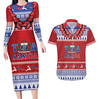 Personalised Toa Samoa Rugby Christmas Couples Matching Long Sleeve Bodycon Dress and Hawaiian Shirt Ula Fala Samoan Pattern Red LT14 Red - Polynesian Pride