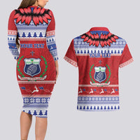 Personalised Toa Samoa Rugby Christmas Couples Matching Long Sleeve Bodycon Dress and Hawaiian Shirt Ula Fala Samoan Pattern Red LT14 - Polynesian Pride