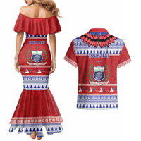 Personalised Toa Samoa Rugby Christmas Couples Matching Mermaid Dress and Hawaiian Shirt Ula Fala Samoan Pattern Red LT14 - Polynesian Pride