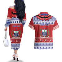 Personalised Toa Samoa Rugby Christmas Couples Matching Off The Shoulder Long Sleeve Dress and Hawaiian Shirt Ula Fala Samoan Pattern Red LT14 - Polynesian Pride