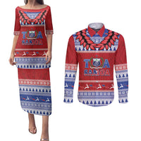 Personalised Toa Samoa Rugby Christmas Couples Matching Puletasi and Long Sleeve Button Shirt Ula Fala Samoan Pattern Red - Polynesian Pride