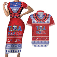 Personalised Toa Samoa Rugby Christmas Couples Matching Short Sleeve Bodycon Dress and Hawaiian Shirt Ula Fala Samoan Pattern Red - Polynesian Pride