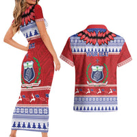 Personalised Toa Samoa Rugby Christmas Couples Matching Short Sleeve Bodycon Dress and Hawaiian Shirt Ula Fala Samoan Pattern Red LT14 - Polynesian Pride