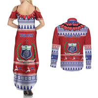 Personalised Toa Samoa Rugby Christmas Couples Matching Summer Maxi Dress and Long Sleeve Button Shirt Ula Fala Samoan Pattern Red - Polynesian Pride