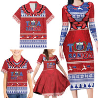 Personalised Toa Samoa Rugby Christmas Family Matching Long Sleeve Bodycon Dress and Hawaiian Shirt Ula Fala Samoan Pattern Red - Polynesian Pride