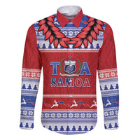 Personalised Toa Samoa Rugby Christmas Family Matching Puletasi and Hawaiian Shirt Ula Fala Samoan Pattern Red LT14 Dad's Shirt - Long Sleeve Red - Polynesian Pride