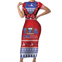 Personalised Toa Samoa Rugby Christmas Family Matching Short Sleeve Bodycon Dress and Hawaiian Shirt Ula Fala Samoan Pattern Red - Polynesian Pride