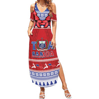 Personalised Toa Samoa Rugby Christmas Family Matching Summer Maxi Dress and Hawaiian Shirt Ula Fala Samoan Pattern Red - Polynesian Pride