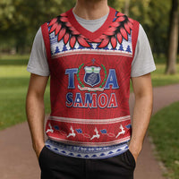 Personalised Toa Samoa Rugby Christmas Knitted V-Neck Vest Ula Fala Samoan Pattern Red - Polynesian Pride