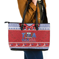 Toa Samoa Rugby Christmas Leather Tote Bag Ula Fala Samoan Pattern Red - Polynesian Pride