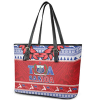 Toa Samoa Rugby Christmas Leather Tote Bag Ula Fala Samoan Pattern Red - Polynesian Pride