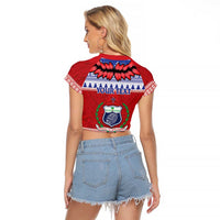 Personalised Toa Samoa Rugby Christmas Raglan Cropped T Shirt Ula Fala Samoan Pattern Red - Polynesian Pride