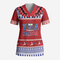 Personalised Toa Samoa Rugby Christmas Scrub Top Ula Fala Samoan Pattern Red LT14 Adult Red - Polynesian Pride