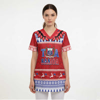 Personalised Toa Samoa Rugby Christmas Scrub Top Ula Fala Samoan Pattern Red LT14 - Polynesian Pride