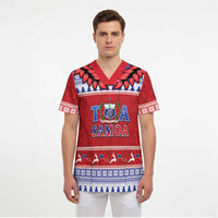 Personalised Toa Samoa Rugby Christmas Scrub Top Ula Fala Samoan Pattern Red LT14 - Polynesian Pride