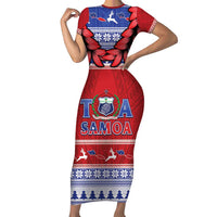 Personalised Toa Samoa Rugby Christmas Short Sleeve Bodycon Dress Ula Fala Samoan Pattern Red - Polynesian Pride