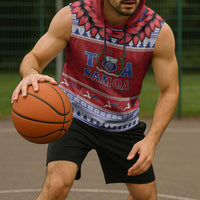 Personalised Toa Samoa Rugby Christmas Sleeveless Hoodie Ula Fala Samoan Pattern Red LT14 - Polynesian Pride