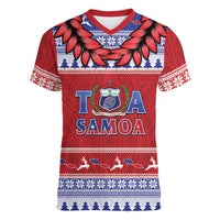 Personalised Toa Samoa Rugby Christmas Women V-Neck T-Shirt Ula Fala Samoan Pattern Red LT14 Female Red - Polynesian Pride