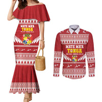 Personalised Tonga Rugby Christmas Couples Matching Mermaid Dress and Long Sleeve Button Shirt Mate Maa Tonga Ngatu Pattern LT14 Red - Polynesian Pride