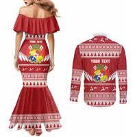 Personalised Tonga Rugby Christmas Couples Matching Mermaid Dress and Long Sleeve Button Shirt Mate Maa Tonga Ngatu Pattern LT14 - Polynesian Pride