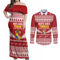 Personalised Tonga Rugby Christmas Couples Matching Off Shoulder Maxi Dress and Long Sleeve Button Shirt Mate Maa Tonga Ngatu Pattern LT14 Red - Polynesian Pride