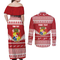 Personalised Tonga Rugby Christmas Couples Matching Off Shoulder Maxi Dress and Long Sleeve Button Shirt Mate Maa Tonga Ngatu Pattern LT14 - Polynesian Pride
