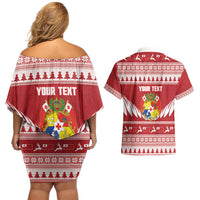 Personalised Tonga Rugby Christmas Couples Matching Off Shoulder Short Dress and Hawaiian Shirt Mate Maa Tonga Ngatu Pattern LT14 - Polynesian Pride
