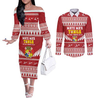 Personalised Tonga Rugby Christmas Couples Matching Off The Shoulder Long Sleeve Dress and Long Sleeve Button Shirt Mate Maa Tonga Ngatu Pattern LT14 Red - Polynesian Pride