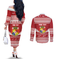 Personalised Tonga Rugby Christmas Couples Matching Off The Shoulder Long Sleeve Dress and Long Sleeve Button Shirt Mate Maa Tonga Ngatu Pattern LT14 - Polynesian Pride