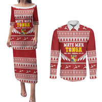 Personalised Tonga Rugby Christmas Couples Matching Puletasi and Long Sleeve Button Shirt Mate Maa Tonga Ngatu Pattern LT14 Red - Polynesian Pride