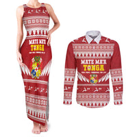 Personalised Tonga Rugby Christmas Couples Matching Tank Maxi Dress and Long Sleeve Button Shirt Mate Maa Tonga Ngatu Pattern LT14 Red - Polynesian Pride
