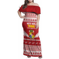 Personalised Tonga Rugby Christmas Family Matching Off Shoulder Maxi Dress and Hawaiian Shirt Mate Maa Tonga Ngatu Pattern LT14 Mom's Dress Red - Polynesian Pride