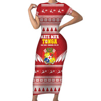 Personalised Tonga Rugby Christmas Family Matching Short Sleeve Bodycon Dress and Hawaiian Shirt Mate Maa Tonga Ngatu Pattern - Polynesian Pride