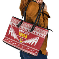 Tonga Rugby Christmas Leather Tote Bag Mate Maa Tonga Ngatu Pattern - Polynesian Pride