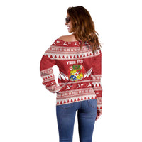 Personalised Tonga Rugby Christmas Off Shoulder Sweater Mate Maa Tonga Ngatu Pattern LT14 - Polynesian Pride