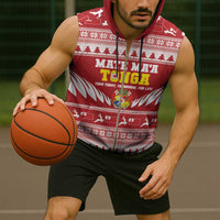 Personalised Tonga Rugby Christmas Sleeveless Zip Hoodie Mate Maa Tonga Ngatu Pattern - Polynesian Pride